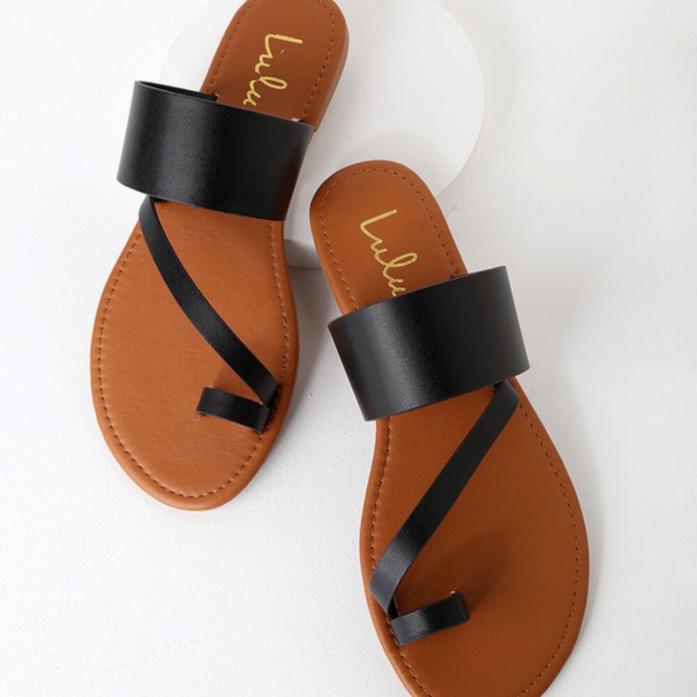Lulus Avena Black Flat Sandals - Size 10